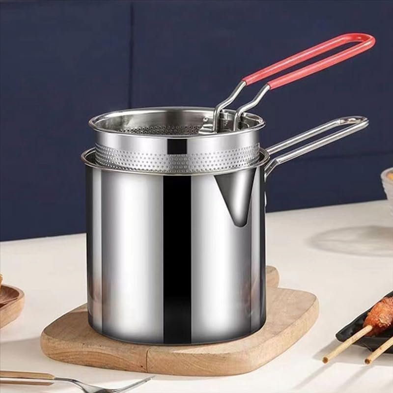Stainless Steel Deep Frying Pot with Drain Basket (7) Multifunctional Oil Fryer with Drain Basket, 500ml Stainless Steel Pan with Handle, Ideal for Frying French Fries, Chicken Wings, Fish, Boiling Butter, Gravies, Pasta (Deep Frying Pot) - Image 1