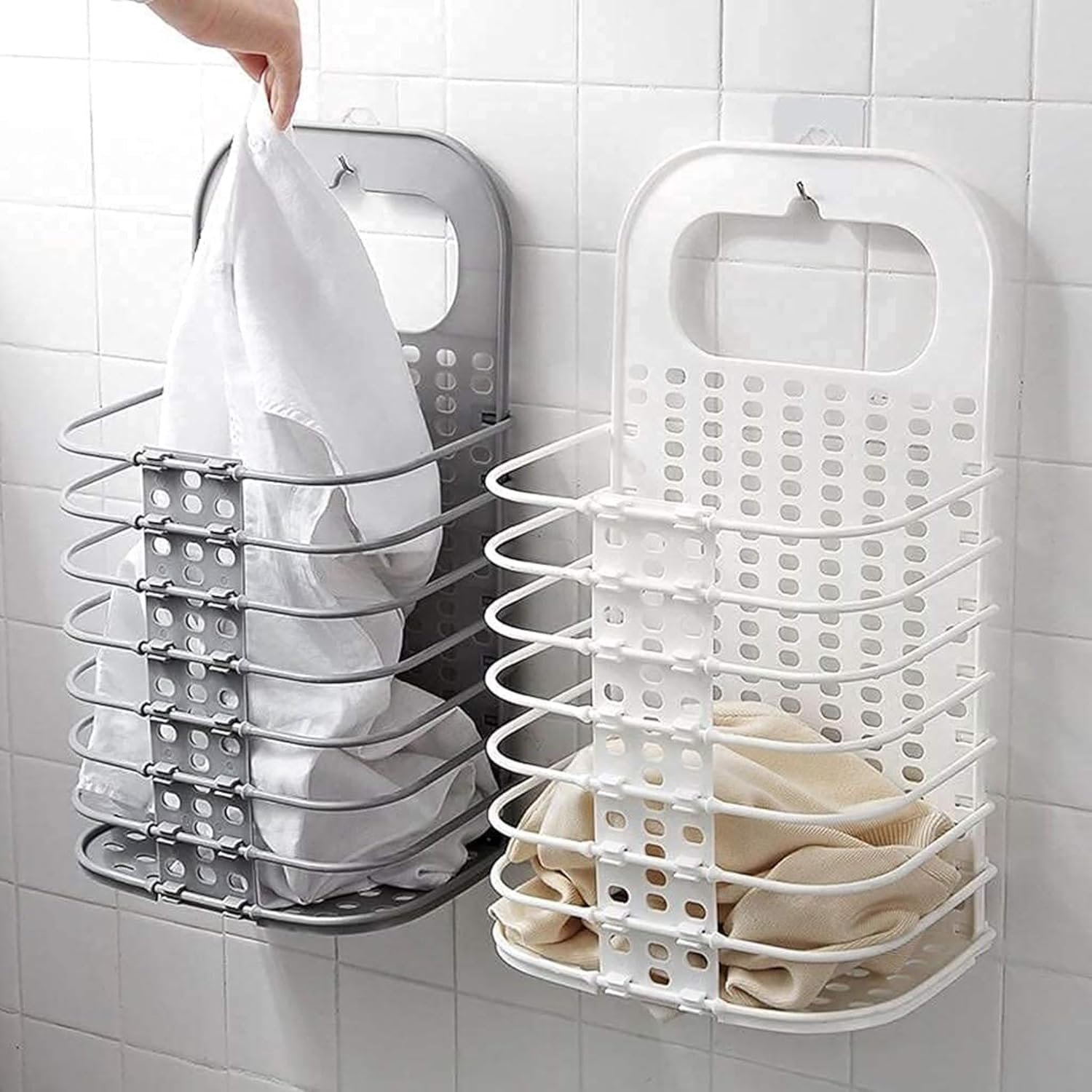 Wall Mounted Bathroom Hanging Mesh Laundry Basket (3) Wall Mounted Hanging Mesh Laundry Basket Toiletry Organization Washing Bin Home Portable Magic Sticker Plastic Laundry Hamper Bag for Bathroom Bedroom Dirty Clothes - Image 1