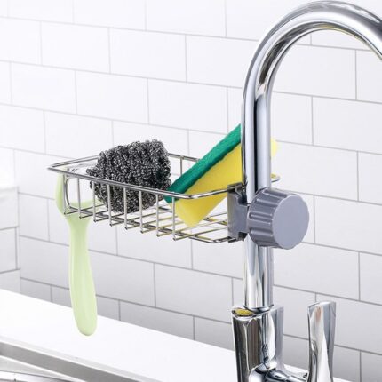 Kitchen Sink Caddy Organizer Over Faucet Sponge Holder, Stainless Steel Heavy Duty Thickening Hanging Faucet Drain Rack for Scrubbers, Soap, Bathroom, Detachable No Suction Cup or Magnet