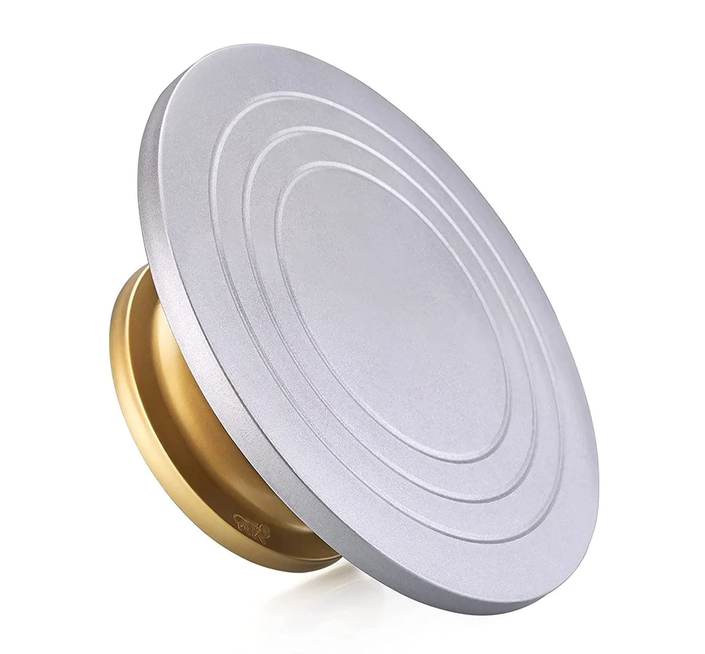 Cake Decorating & Icing Turntable | Signature Edition 12-Inch 360° Rotating Cake Stand for Baking & Serving | Plastic Cake Turntable with Silver Top & Golden Base | Professional Cake Decorating Stand - Image 2