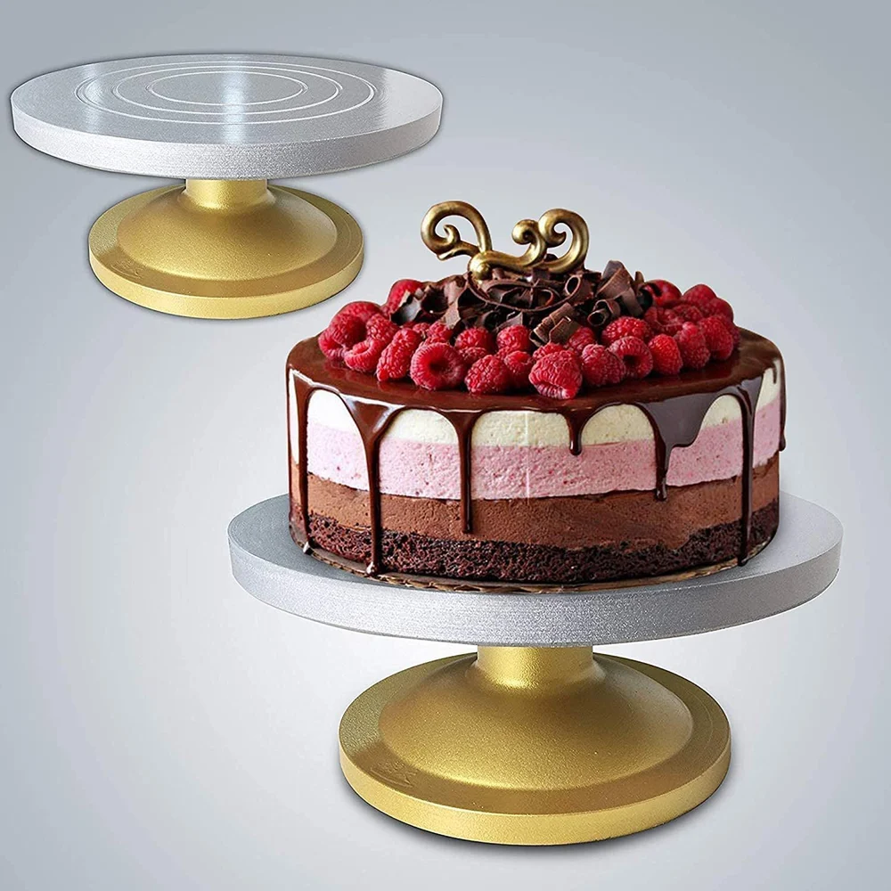 Cake Decorating & Icing Turntable | Signature Edition 12-Inch 360° Rotating Cake Stand for Baking & Serving | Plastic Cake Turntable with Silver Top & Golden Base | Professional Cake Decorating Stand - Image 1